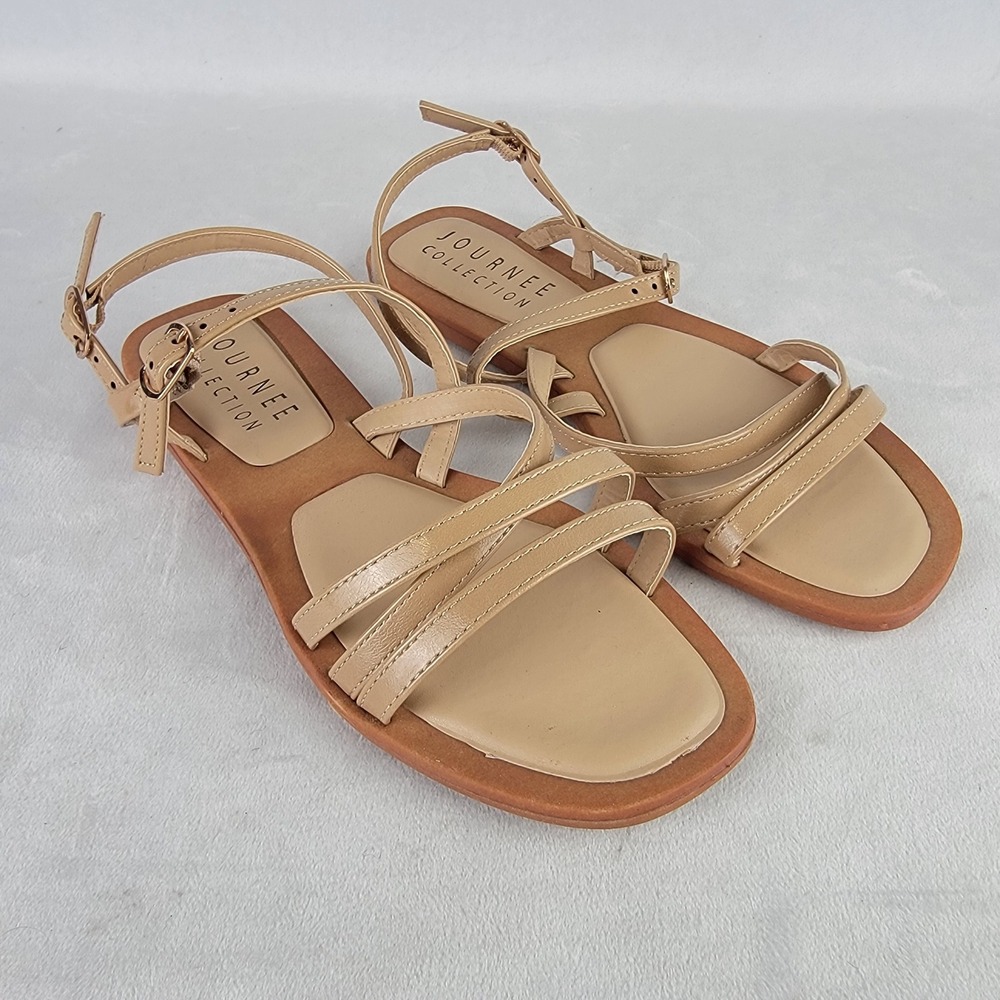 Journee Collection Women 8.5 Tan Strappy Ankle Strap Flat Sandals Dress Beach